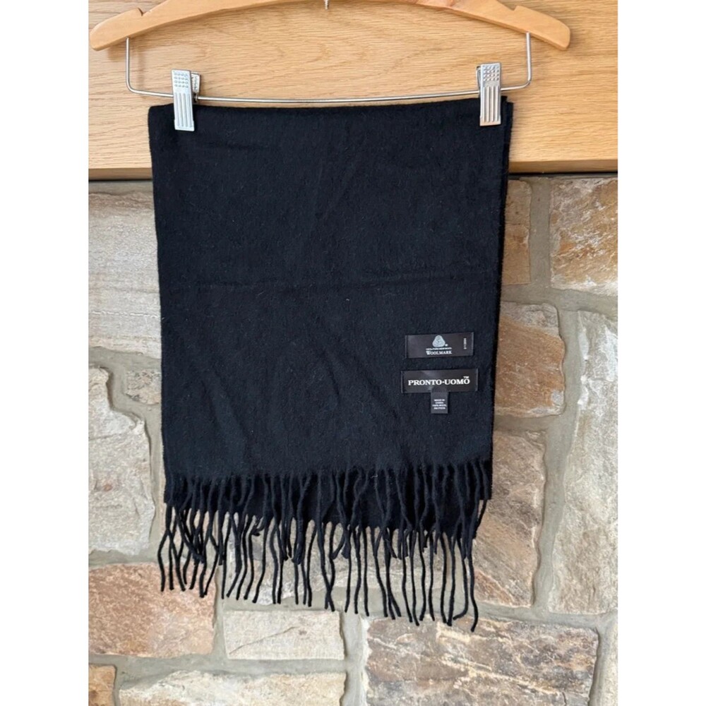 PRONTO UOMO Scarf Black 100% Wool Woolmark 57" X 12.25”